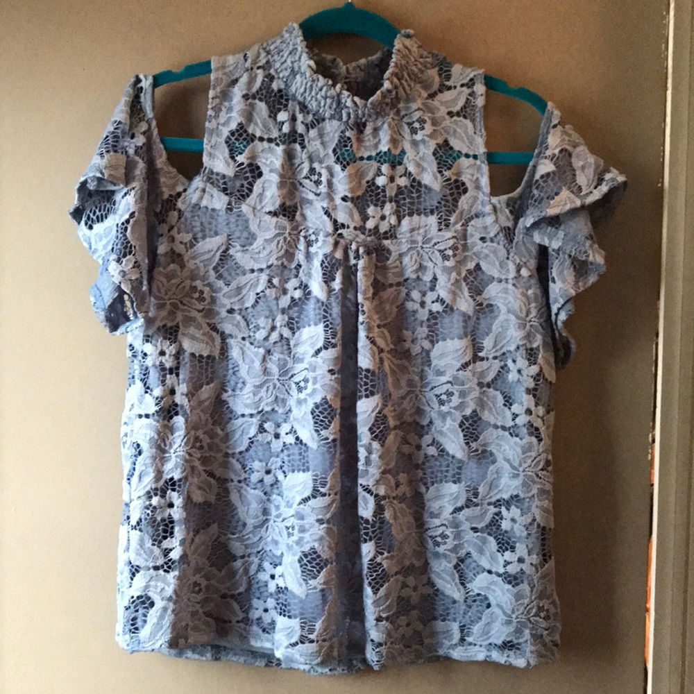 Powder/grey/blue lace shirt. NWOT.